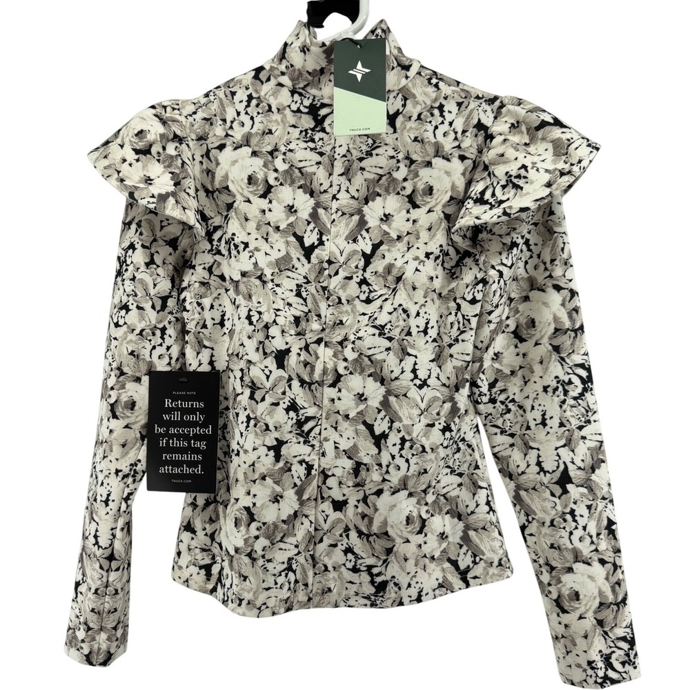 Tuckernuck All Over Grayscale Floral Mock Neck Ruffle Shoulder Top XS NWT
